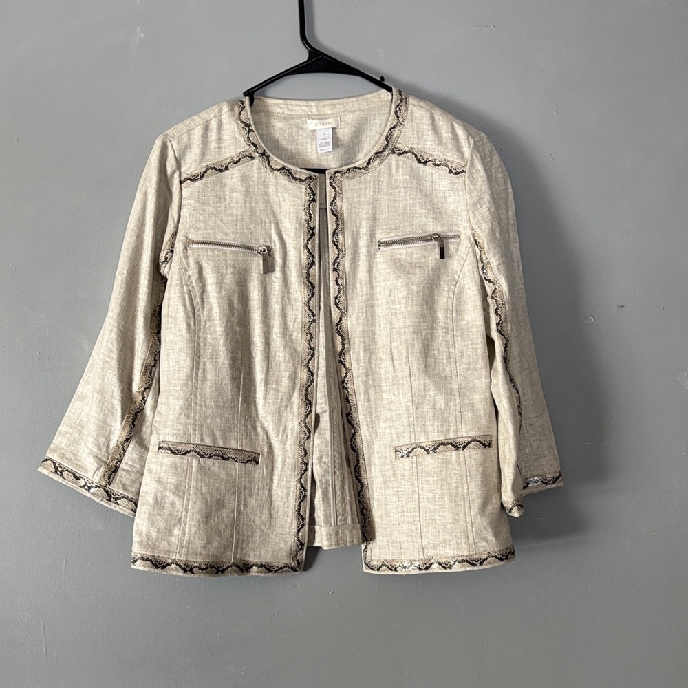 Chicos Women’s Linen Open Front Faux Snakeskin Trim 3/4 Sleeve Jacket 1 (8/10)